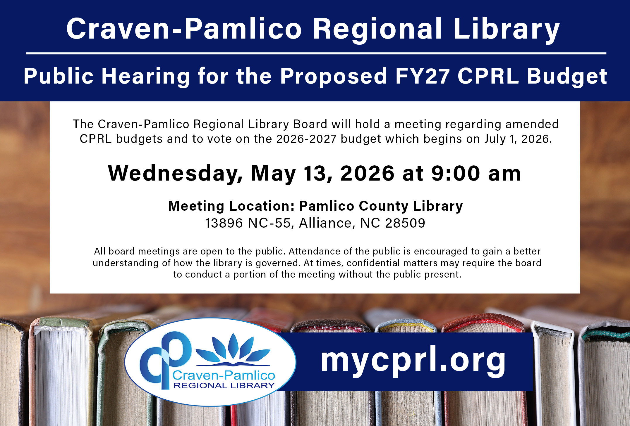 Image of books with information about annual budget meeting on May 13, 2026 at 9 am at the Pamlico County Library.